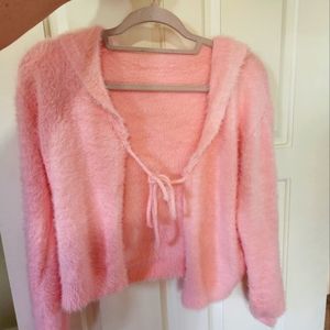 New Korean k-fashion cute fuzzy tie cardigan sweater sailor style pink OS